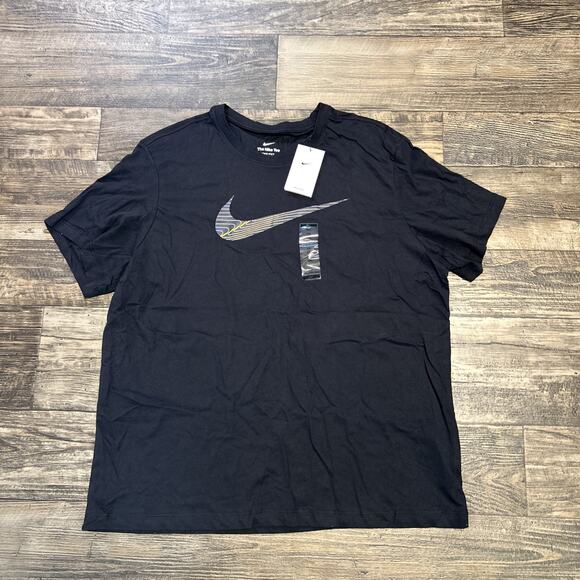 Men's Nike XXL Black T-Shirt Dri-Fit Top Training Tee Running Yellow Swoosh 2XL - Picture 1 of 6